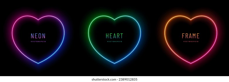 Set of blue, red-purple, green heart shape frame design. Abstract cosmic vibrant color backdrop. Collection of glowing neon lighting on dark background with copy space. valentine day element design.