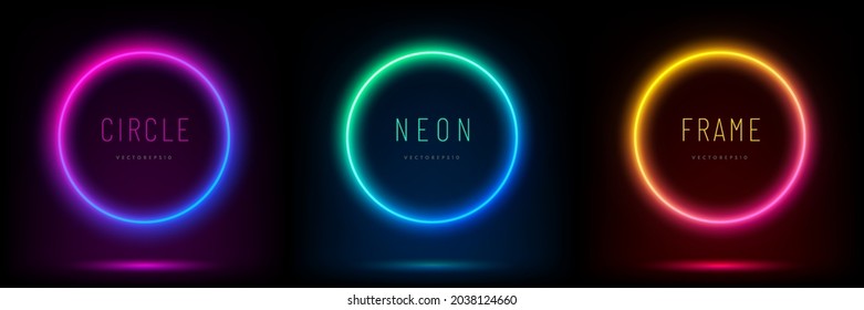 Set of blue, red-purple, green illuminate frame design. Abstract cosmic vibrant color circle backdrop. Collection of glowing neon lighting on dark background with copy space. Top view futuristic style - Shutterstock ID 2038124660