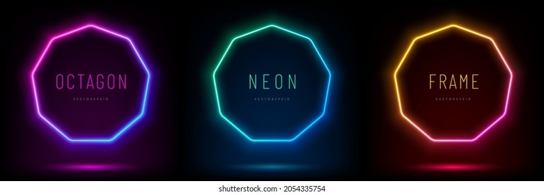 Set of blue, red-purple, green illuminate frame design. Abstract cosmic vibrant color octagon backdrop. Collection of glowing neon lighting on background with copy space. Top view futuristic style - Shutterstock ID 2054335754