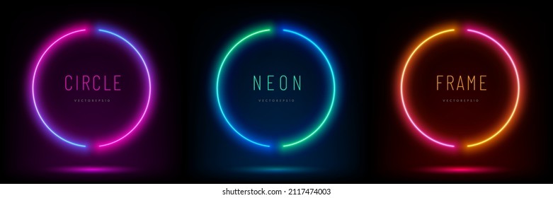 Set of blue, red-purple, green illuminate frame design. Abstract cosmic vibrant color circle backdrop. Collection of glowing neon lighting on dark background with copy space. Top view futuristic style - Shutterstock ID 2117474003