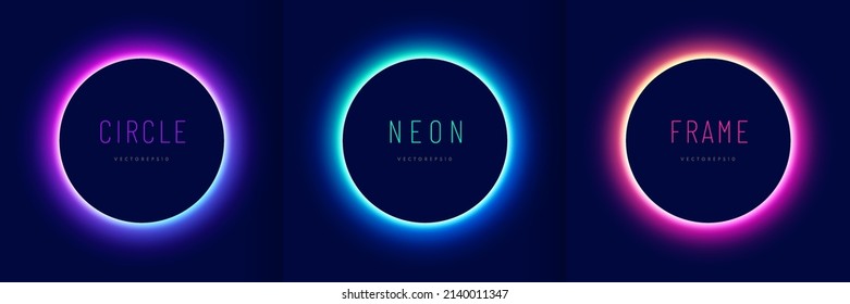 Set blue  red  purple  green illuminate circle neon board frame  Abstract cosmic vibrant color  Collection glowing neon lighting dark background and copy space  Top view futuristic style 