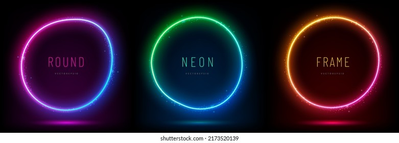 Set of blue, red-purple, green illuminate round frame design. Abstract cosmic vibrant color backdrop scene. Collection of glowing neon lighting lines with copy space. Top view in futuristic style. - Shutterstock ID 2173520139