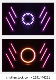 Set of blue, red-purple, green illuminate frame design. Abstract cosmic vibrant color circle backdrop. Collection of glowing neon lighting on dark background with copy space. Top view futuristic style