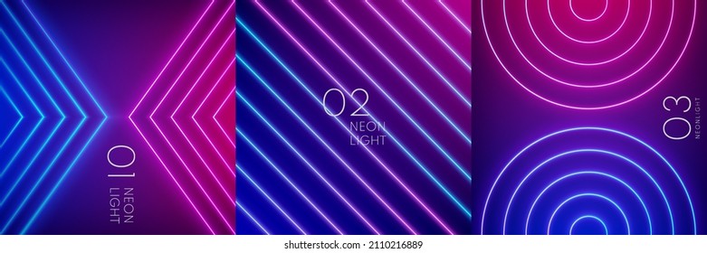 Set blue   red  purple illuminate geometric neon light lines  Abstract vibrant color template design  Collection glowing neon lighting dark background and copy space  futuristic style 
