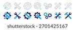Set of blue repair and maintenance tool icons with wrench screwdriver and gear symbol vector illustration