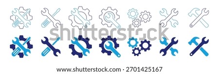 Set of blue repair and maintenance tool icons with wrench screwdriver and gear symbol vector illustration