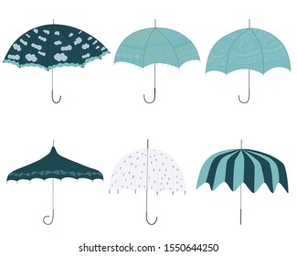 Set of blue retro style umbrellas. Vintage style patchwork colorful umbrellas. Vector Illustration.