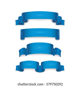 Set of blue ribbon banners with shadow on transparent background.