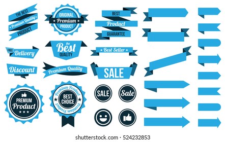 set of blue ribbons , badges and labels. flat design concept. branding and sale decoration. vector illustration. isolated on white background.