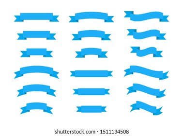 Set blue ribbons banners isolated on white background. Vector flat illustration.