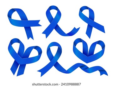 Set of Blue ribbons. Colorectal Cancer Awareness Month. Vector illustration isolated on a white background