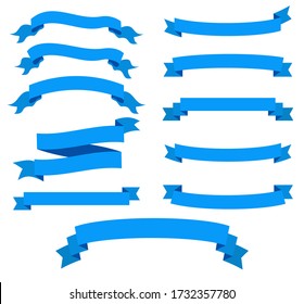 Set of blue ribbons for design, banner for advertising, discount offer and gift. Retro style. Flat ribbon illustration isolated on white background.