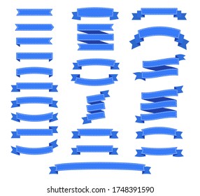 Set of blue ribbons for design, discount offer and gift. Retro style. Flat ribbon illustration isolated on white background.