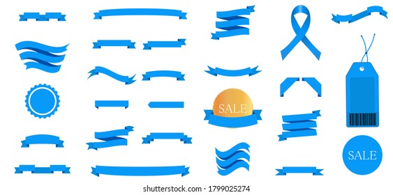 Set of blue ribbons for design, discount offer and gift. Retro style. Flat ribbon illustration isolated on white background.