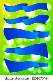 Set of blue ribbons on a green abstract background in the form of glowing circles