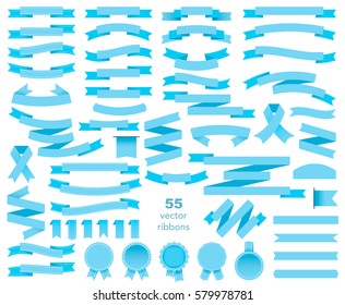 Set of blue ribbons and round stickers. Paper scrolls. Blue ribbon vector icons on white background. Sticker and kids boy decoration for app and web. Label, badge and borders collection.