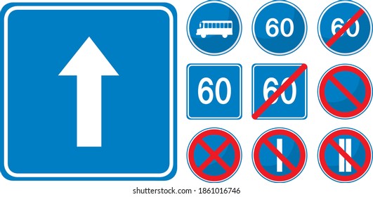 Conjunto de señales de carretera azules aisladas en la ilustración de fondo blanco