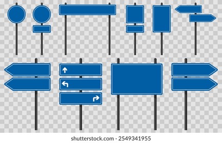 Set of blue road signs on steel poles. Blank signs for customized text or symbols. Vector illustration, EPS10