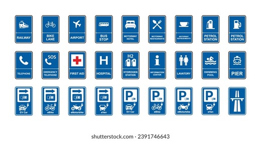 Conjunto de iconos azules de la carretera y de la circulación, Aeropuerto, Parada de Autobuses, Hotel, Restaurante, Café, Gasolina Starion, First Aid, Hospital, Estación de Hidrógeno, Centro de Información, Lavatorio, Aseo, Sala de Lavado, Pier.