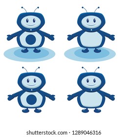 Set of blue robots on white isolated background. For site, booklet, t-shirt. The flat design of the robot with the antenna. Robot character