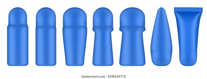 Set of blue roller ball bottles. Body antiperspirant deodorant roll-on, closed blank bottles with screw cap. Realistic vector mockup	