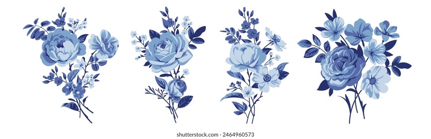 Conjunto de ramos de rosas azules para tarjetas de felicitación de decoración y tela de diseño