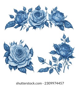 Conjunto de Ilustración de acuarela del Arreglo de Flores de Rosa Azul.