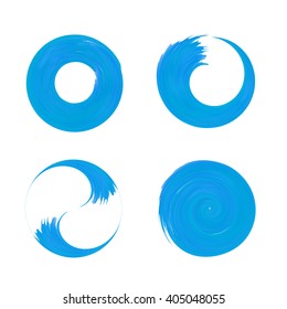 Set Of Blue Round Element For Design. Circle Logo Templates. Brush Stroke Swirls. O Letter paint.