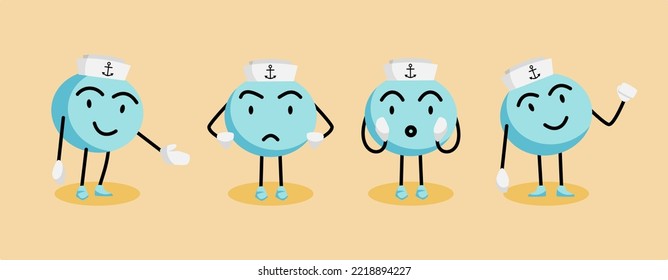 Una mascota azul redonda con sombrero de marinero en expresiones alegres, enojadas, sorprendidas, emocionadas. Adecuado para la identidad de marca, marca, marketing, estrategia de promoción