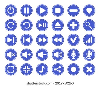 Set of blue round media player buttons. Player icons collection. Simple flat vector illustration. 