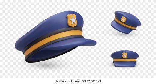 Set of blue rounded police caps with cockade. Realistic policeman uniform headgear. Vector object, view from different sides. Illustrations for web design