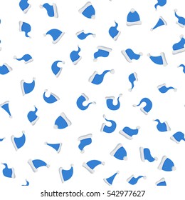 Set of Blue Santa Claus Hats. Winter Merry christmas and new year celebration vector illustration. Xmas seamless pattern, tiling ornament.