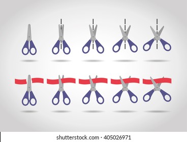 Set: Blue Scissors cut line and tape. Vector illustration.