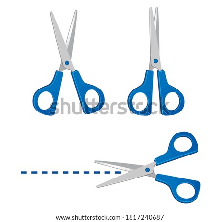Set of blue scissors. Icons for open and closed scissors. Scissors cut along the line. Bright objects in flat style. vector illustration.