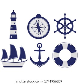 A set of blue sea elements on a white background: lighthouse, compass, wheel, ship, anchor, lifeline. For various designs, icons.