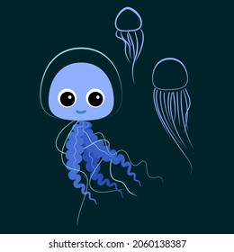 Set of blue sea jellyfish. Vector flat cartoon design illustration.