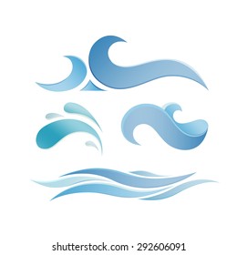 Set of Blue Sea Waves. Vector Logo Elements. Ocean Water Icons.