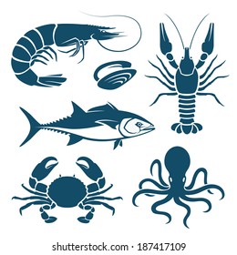 Set of blue seafood symbols