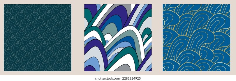 Conjunto de patrones asiáticos sin costuras azules. Vector de fondo marino de arte. Diseño multicolor contemporáneo. Textura abstracta. Estilo japonés tradicional.