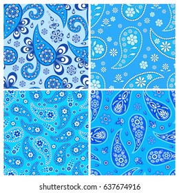 Set of blue seamless backgrounds for bed linens, vector