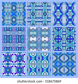 set of blue seamless colored vintage geometric pattern, texture for wallpaper, web page background, fabric and wrapping paper design, vector illustration