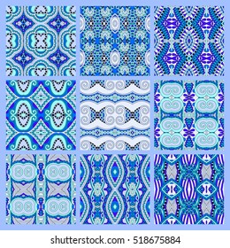 set of blue seamless colored vintage geometric pattern, texture for wallpaper, web page background, fabric and wrapping paper design, vector illustration