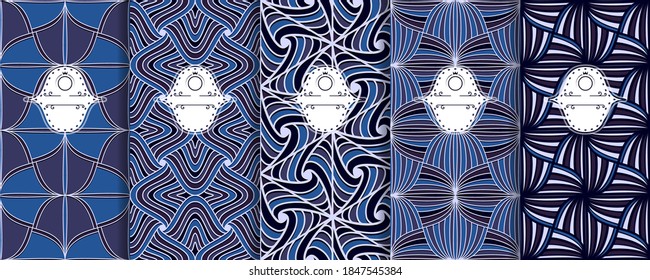 Set of blue seamless elegant batik patterns. Collection Hand drawn line backgrounds. Repeating Wallpaper in Indian style. Arabic folk decor. Template invitation and gift packaging. Vector Illustration