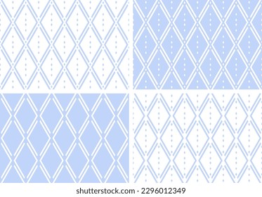 Set of Blue Seamless Geometric Diamonds Patterns. Vector Art.