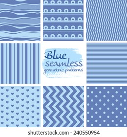 Set of blue seamless geometric patterns on white 2