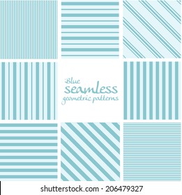 Set of blue seamless geometric striped patterns