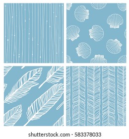 Set of blue seamless pattern with stripes, shells, feathers. Hand drawn vector illustration. Decorative elements for design in boho style. Creative art work