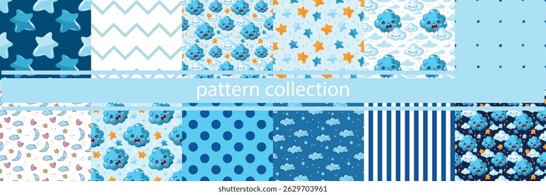A set of blue seamless patterns, stars and clouds for packaging design. Clouds that can be folded. Happy childhood dreams.