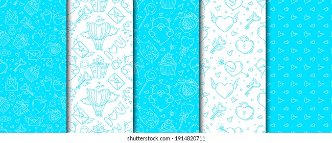 Set of blue seamless patterns with valentines day and love objects in doodle style
