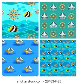 set of blue seamless vector nautical patterns 